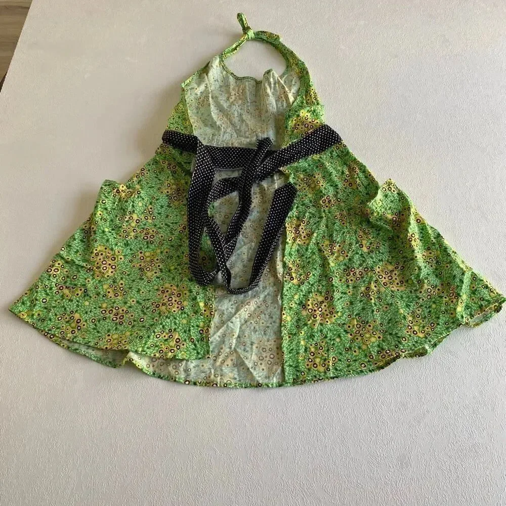 Kirsch Gluck Anthropologie Green Floral Halter Apron Dress Girls Vintage Style